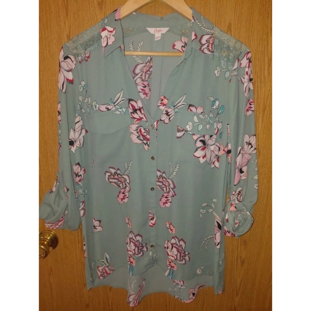 Candies Floral Lace Shoulder Button Down Blouse Sage Green Pink Large Roll Tab